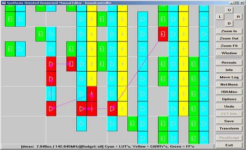Figure 3: Editor screenshot: LUTs are cyan muxes, flipflops are green rectangles, carry logic is yellow +; The critical path is highlighted in red.