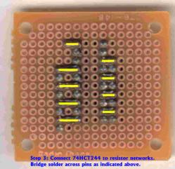 2K Ohm bussed resistor network and pins 20, 17, 15, 13, 11 of 7444 chip or socket respectively as indicated in yellow below.