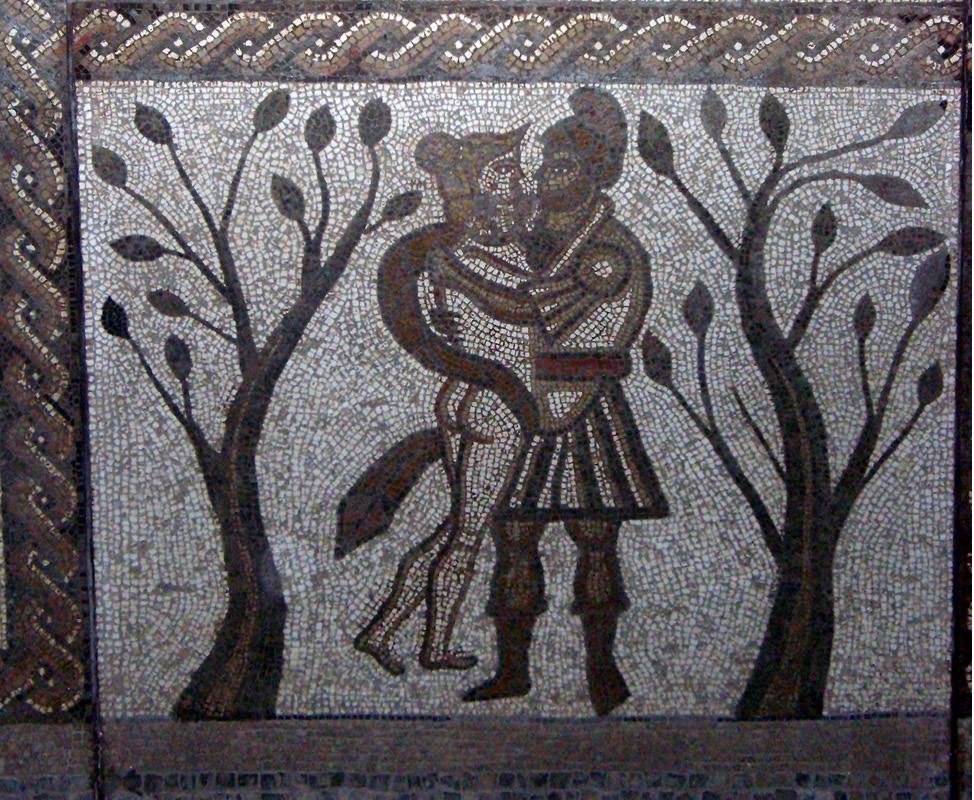 Aeneas and Dido on Low Ham Roman villa mosaic, ca. 340 AD. the possibility that his poetic effort is a fundamentally futile and fraudulent one.