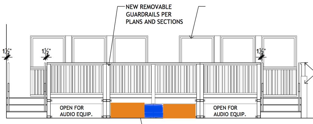 STAGE Blue square indicates removable panel for mic stands and mics, after panel is removed subs (orange boxes above) may be