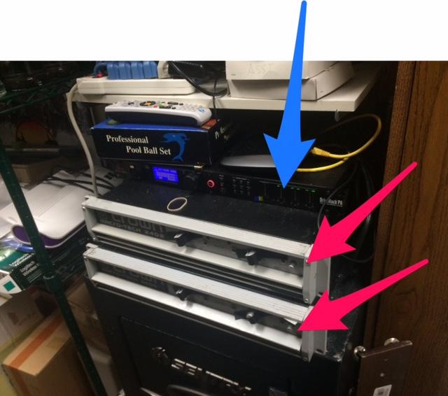 In the back kitchen prep area, in left electrical panel (left photo), in the top section verify that two sets of breakers (blue arrows) are