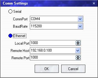 The fifth step: Open windows control software, click icon, Interface display as below: Select [Ethernet]: Input equipment IP address, click [OK].