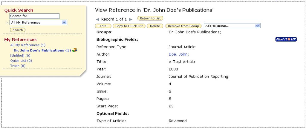 12 Your publication is now ready to be saved. Click the Save button at the top of the New Reference interface to save your publication and store it in your shared publications group.