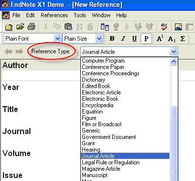 Use the drop-down box to reference types and select the type of reference you wish to add.