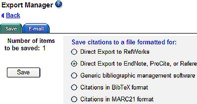 The Export Manager opens. Select Direct Export to EndNote. Exporting References to EndNote Click Save. EndNote now opens and asks you to select a library.
