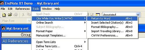 The following will step you through citing a reference and creating a bibliography using Microsoft Word (version 2000, XP, 2003, or 2007).