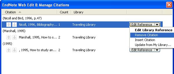 Note: this removes the citation from your text but does not delete the reference from your EndNote Basic library.