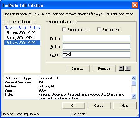 5. To add page references to the citation, click on it and click the Edit Citation(s) button ( ). 6.