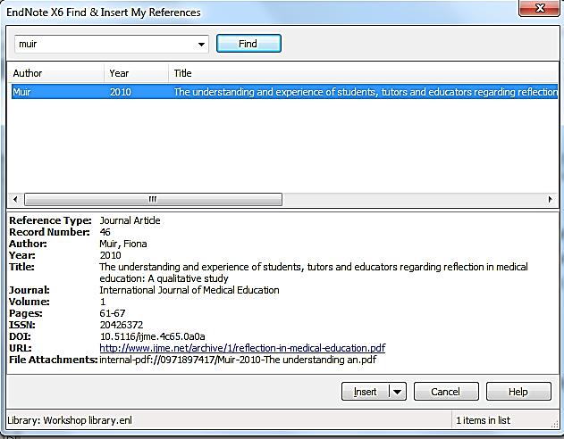The EndNote Find & Insert My References dialog box will open. You may search for the required reference using any word or words that you remember from it, e.g. author name, title words.