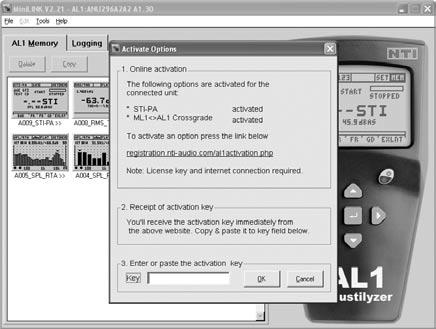 Activate Options The activate options menu is required for Activation of AL1 functionalities on your Minilyzer ML1 or the ML1 functionalities on your Acoustilyzer with the crossgrade package