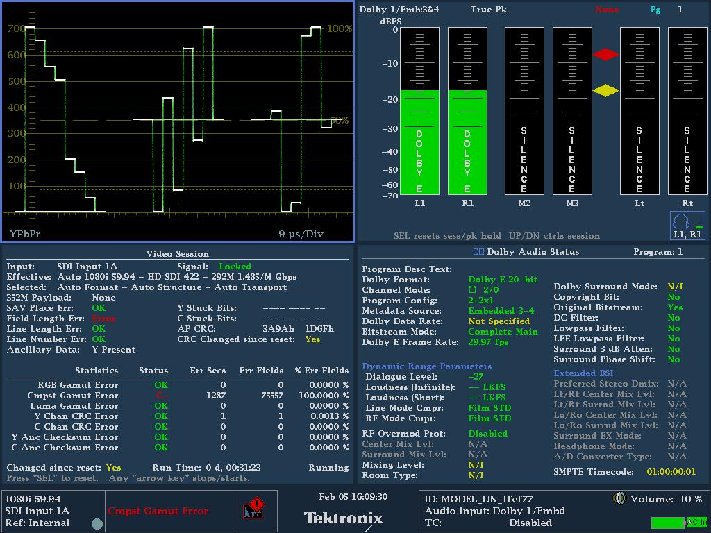 WFM2300 datasheet With Option DBE, the Dolby Status display gives an in-depth view of integrated or VANC metadata and Dolby E Guard Band timing and synchronization.