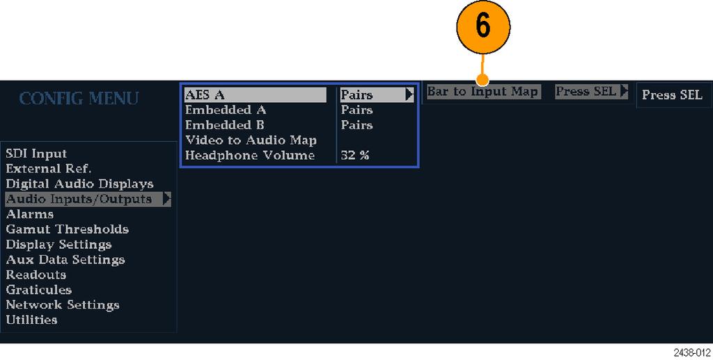Using Alarms 6. For each of the AES and Embedded inputs, select Bar to Input Map and press the SEL button to display the Bar to Input map menu. 7.