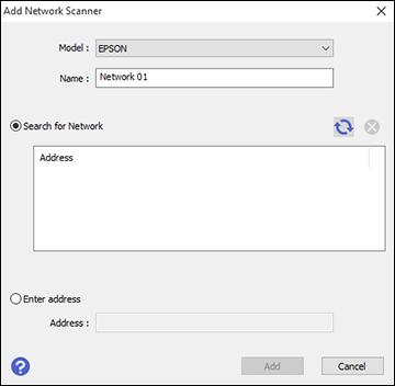 You see a screen like this: 5. Do one of the following: Under Search for Network, select the IP address of your Epson Network Interface Unit or scanner and click Add.