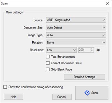 You see a window like this: Note: If you want to use a scan job that you created instead, select it from the Job list in the Document Capture Pro or Document Capture window, click the Start Job