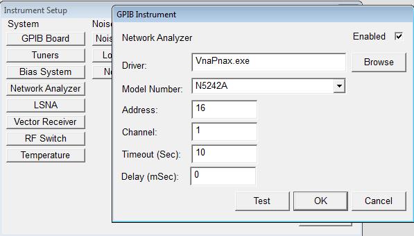 11. Click on the Network Analyzer and select the appropriate VNA driver, model number, and GPIB address.