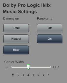 Dolby Pro Logic II/IIx Music Settings The Dolby Pro Logic II/IIx Music listening mode is used for listening to any stereo music recordings.
