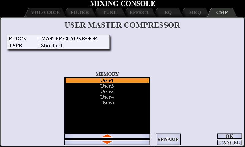 Saving Master Compressor Settings The Master Compressor settings you have edited can be saved as a User Compressor type. 1 Press the [I] (SAVE) button to enter the USER MASTER COMPRESSOR display.