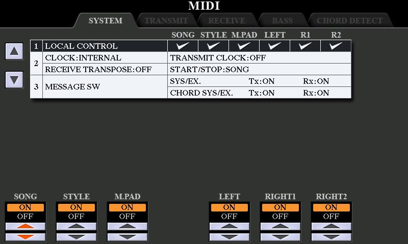 MIDI System Settings The explanations here apply to the SYSTEM page in step 4 on page 120. Use the [A]/[B] buttons to select the parameters (below), then set the ON/OFF status, etc.