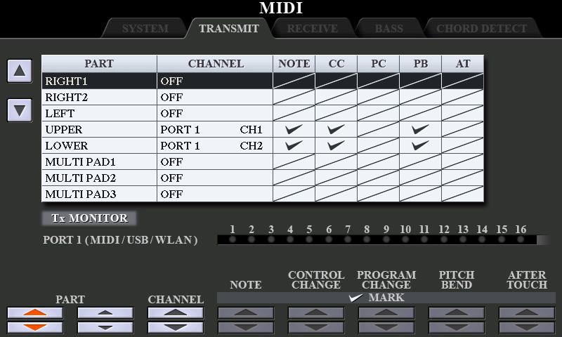 CHORD SYS/EX. The Tx setting turns MIDI transmission of MIDI chord exclusive data (chord detect. root and type) on or off.