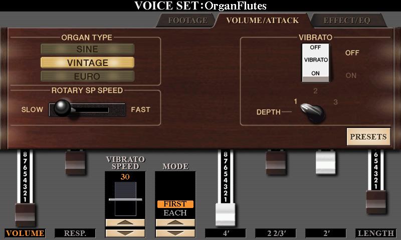 VOLUME/ATTACK Page Same as the FOOTAGE page. 1 [1 ] VOLUME Adjusts the overall volume of the Organ Flutes. The longer the graphic bar, the greater the volume. Voices [2 ] RESP.