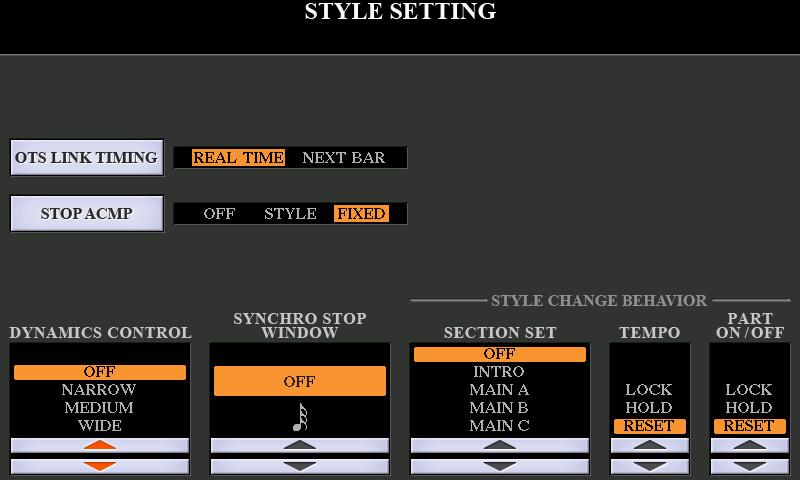 Style Playback Related Settings The instrument has a variety of settings for Style playback which can be accessed in the display below. 1 Call up the operation display.