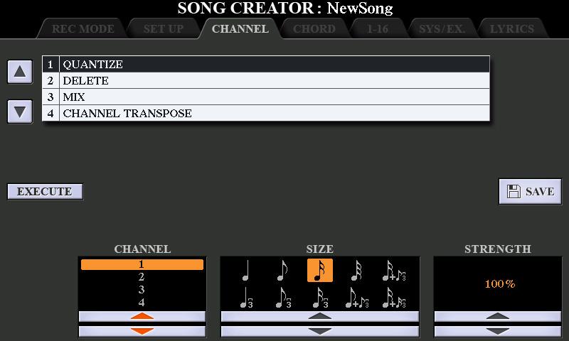 Editing Channel Events of Existing Song Data You can apply various useful functions to already recorded data, such as Quantize and Transpose, on the CHANNEL page. 1 Select a Song to be edited.