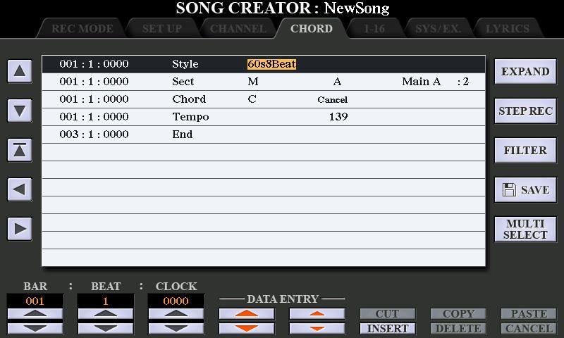 Editing Chord Events, Notes, System Exclusive Events and Lyrics You can edit chord events, note events, System Exclusive events and lyrics in the same manner on the corresponding displays: CHORD,