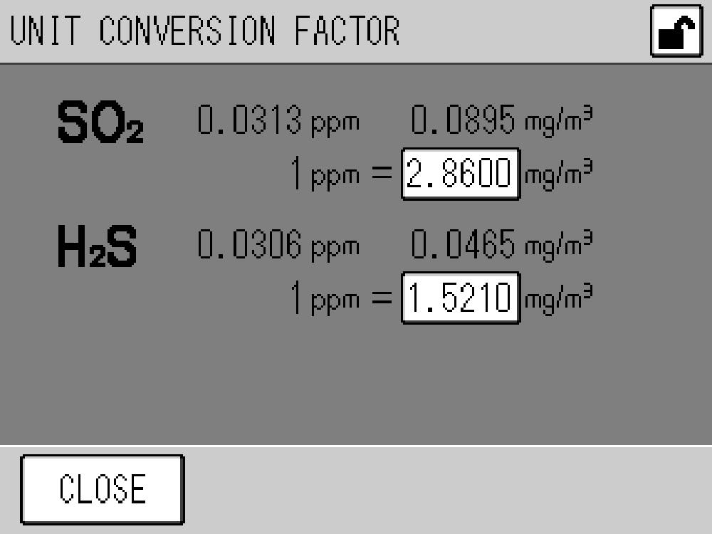 6 FUNCTIONALITIES 6.5.2 Unit conversion factor Press the [UNIT CONVERSION FACTOR] button on the MENU/SETTING screen. The UNIT CONVERSION FACTOR screen will be displayed.