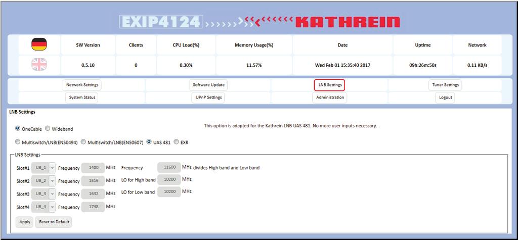 1.5.4 UAS 481 This option is specifically adapted to the Kathrein UAS 481 feed system. No further settings are necessary. 1 2 1. Click on UAS 481 (1). 2. Click on Apply (3).