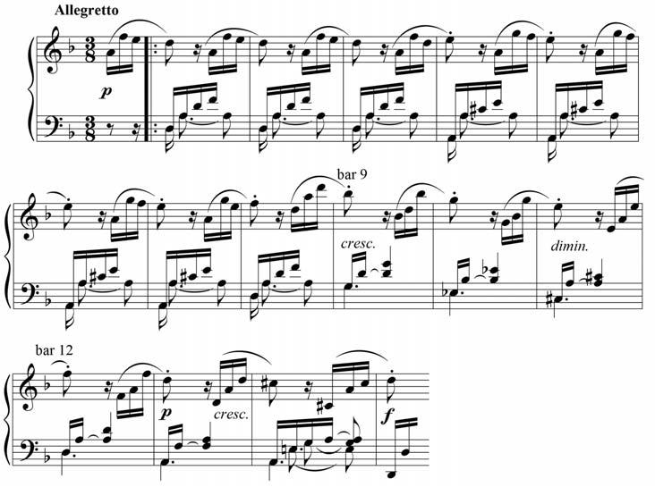 Example 1a. Beethoven, Sonata in D Minor, Op. 31, No. 2, III, mm.