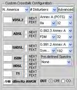 5.6 Screen Sections by Noise Type 5.6.1 Noise Type: Custom Crosstalk 5.6.1.1 Section: Custom Crosstalk Configuration The Custom Crosstalk Configuration section is divided into two groups: North America and Europe.