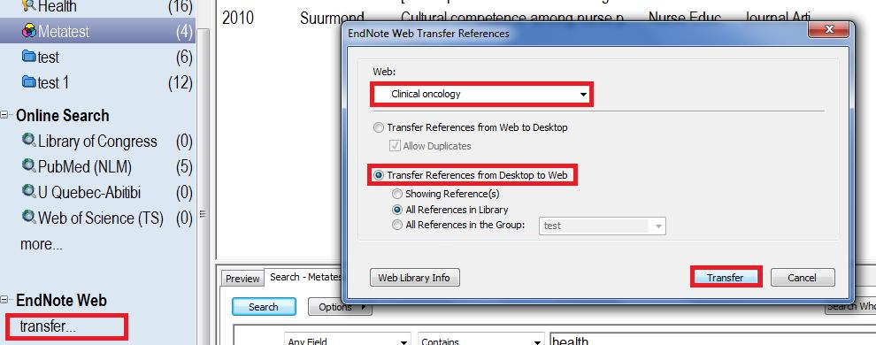 Connexion between EndNote and EndNote Web Tools> EndNote Web or 23 Left menu> EndNote