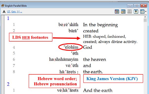 English Parallel Bible The LDS Bible has HEB or GR footnotes that give alternate translations for about 1% of Bible words.