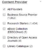 When your results appear, using the left-hand menu, select Content Provider 8 Then choose ebookcollection to limit to online ebooks in the Ebsco collection Results appear in order of relevance; you
