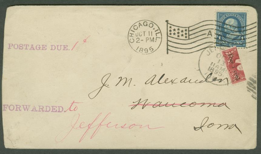 Figure 8. Scott J39 Bisect on cover addressed to J. M. Alexander with a right side Type C bisect. This is cover was not reported by Pauley and has been arbitrarily assigned No.