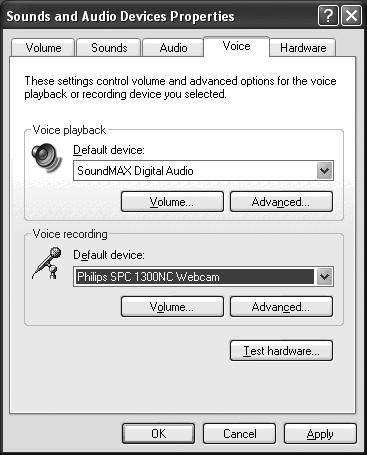 5 Click the Voice tab in the screen that appears. 6 Set the Philips WebCam or the connected headset as default device for Voice recording. 7 Click OK to save your settings.