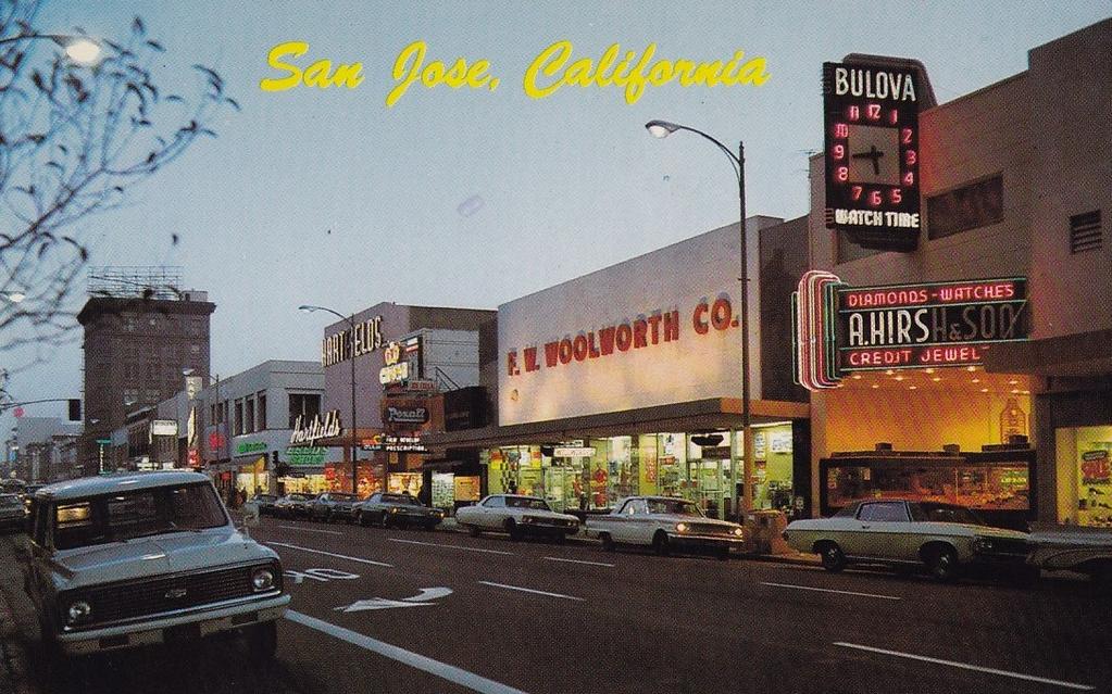 [59] Downtown at Dusk (David Collection) - San Jose was once a city aglow, wrapped in a ribbon of light and color. Every business, if it wanted to be in business, was marked by a notable sign.
