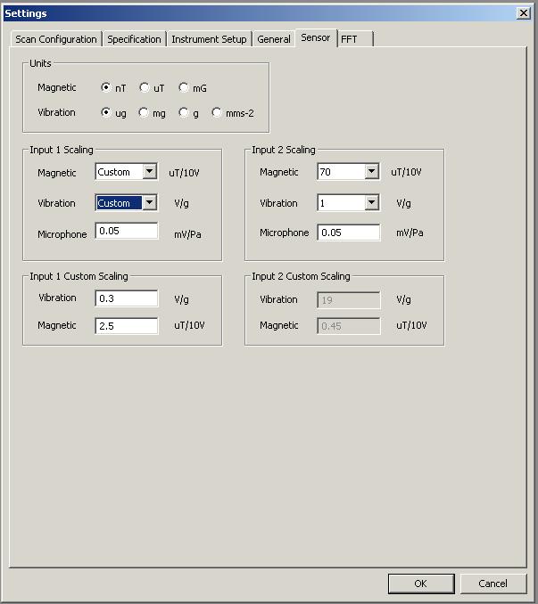 for vibration are μg, mg, g or mms -2. Selecting these options will cause the graphics to be displayed in the appropriate units. The unit for sound measurements is set to Pascal.