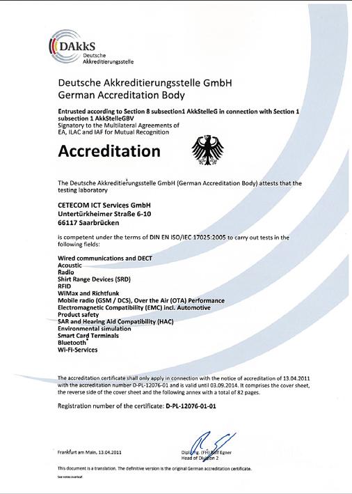 Annex F Accreditation Certificate Front side of certificate Back side of certificate Note: