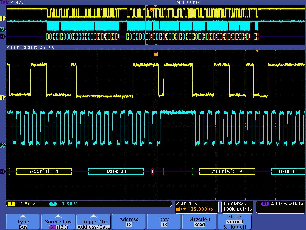Digital Phosphor Oscilloscopes DPO4000 Series Triggering onaspecific data packet going across an I 2 C bus. Yellow waveform is data, blue waveform is clock.