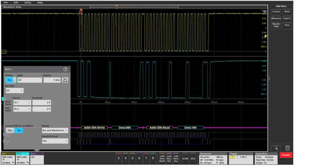 5 Series MSO Serial Triggering and Analysis Applications Color-coded I 2 C bus display, using