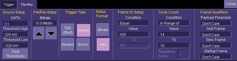 If you are not familiar with or are just learning about FlexRay, begin by using the simplest trigger conditions (TSS, or Frame ID). Then, experiment with an ID + Count Equal to a specific value.