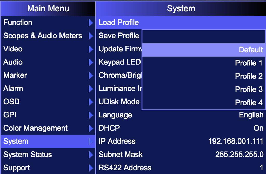 Management menu and selecting: LUT Bypass
