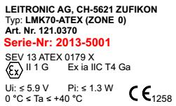 EN60079-14 (Gas) EN60079-17 (Maintenance Gas) Since LMK70-ATEX is