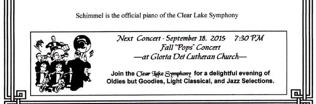 All concerts will be held at Gloria Dei Lutheran Church Auditorium, 18220 Upper Bay Road in Nassau Bay across from NASA Johnson Space Center at 7:30 PM (see concert dates).