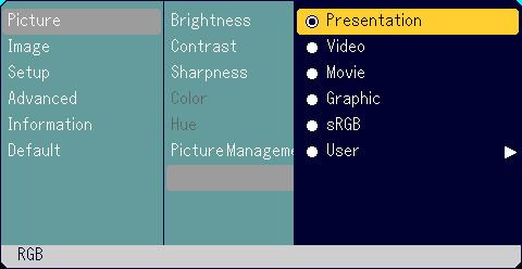 Menu Descriptions & Functions Picture User Adjust (when using User ) When selecting user adjustable presetting (User), the submenu will be displayed. You can customize each gamma or color.