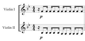 10-11 In measure 17 the syncopated rhythms of the orchestra become shorter and are added in the string sections while the horn line becomes sustained: Ex. 6, m.