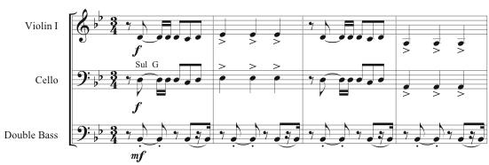 Seabolt 24 The orchestral tutti section begins with a key change to g minor, along with the beginning of the B section. The orchestral parts become more elaborate as they are now central.