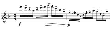 Seabolt 28 The final reminiscence of the theme commences the conclusion of the B section in measure 93. The similarity exists in the dotted rhythm to descending pattern: Ex. 26, mm.