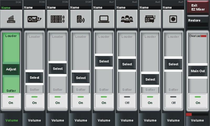 6.4 EZ-MODE EZ-Mode offers a simplified and secure user control interface for a non-technical person to control the mixer with the same ease of use as if they were operating lighting dimmers.